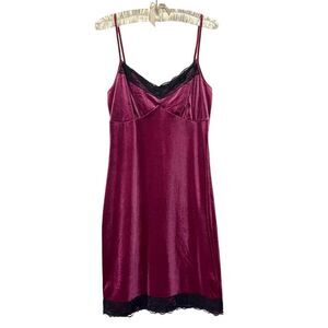Vtg Y2K Velvet Babydoll Slip Dress S Lace Trim Maroon Red Whimsigoth‎ Fairy Dark